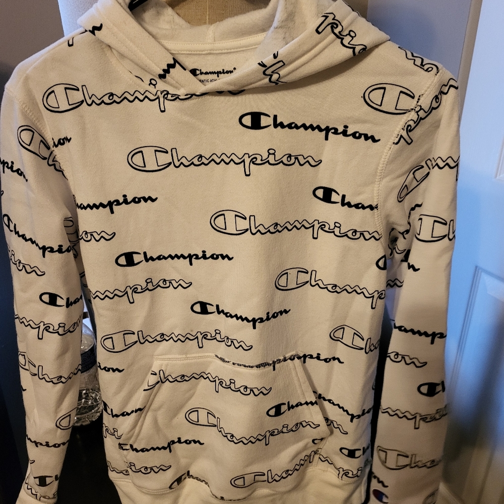 Champion hoodie boys size LG white with black writing